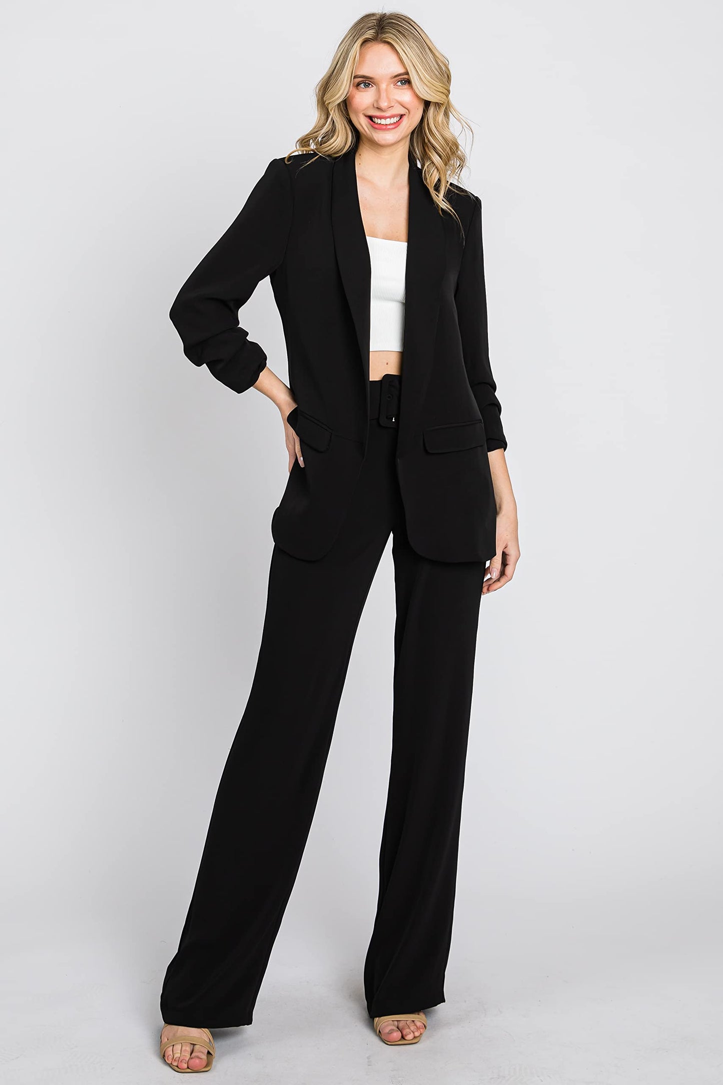 Open Front Relaxed Fit 3/4 Sleeve Blazer