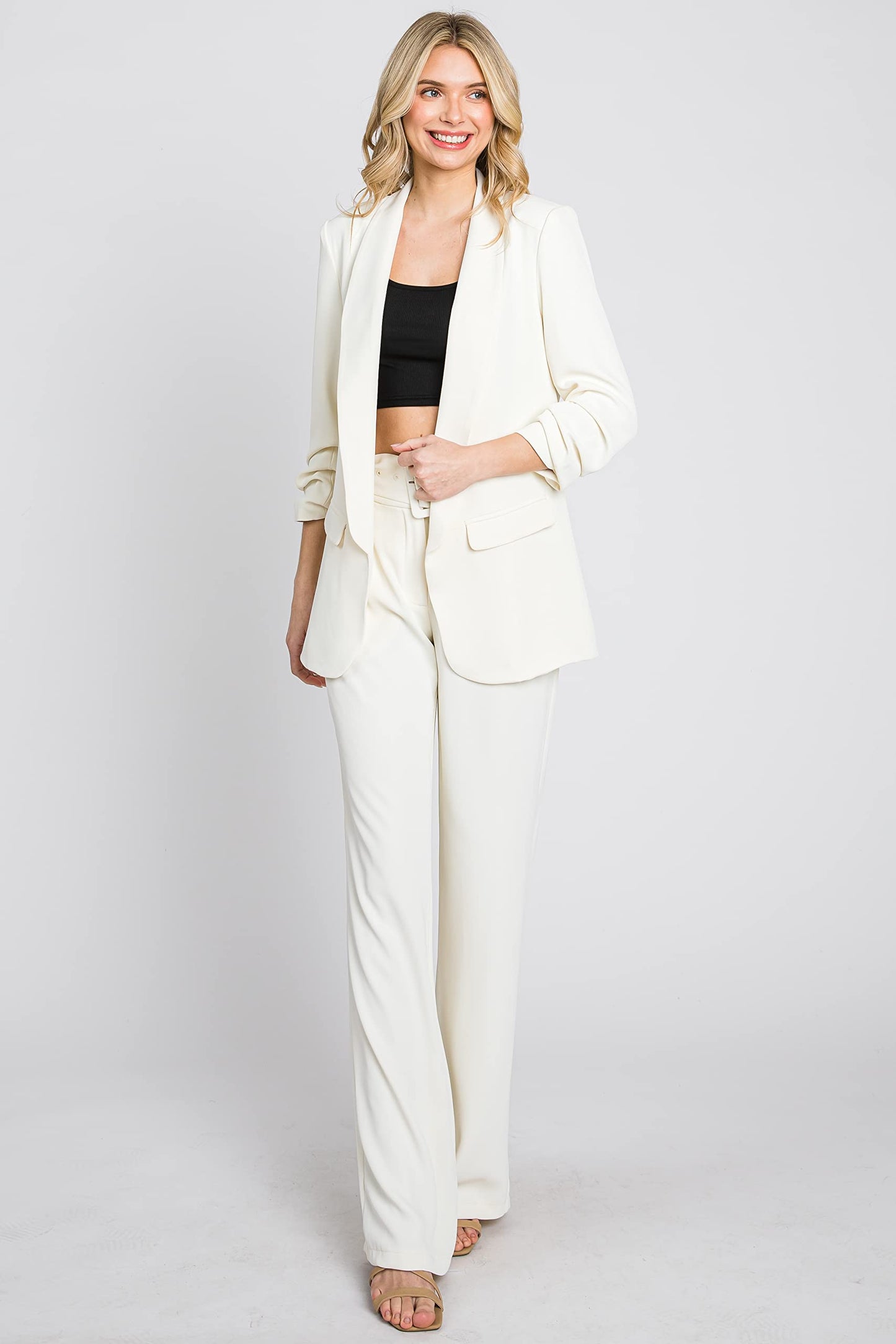 Open Front Relaxed Fit 3/4 Sleeve Blazer